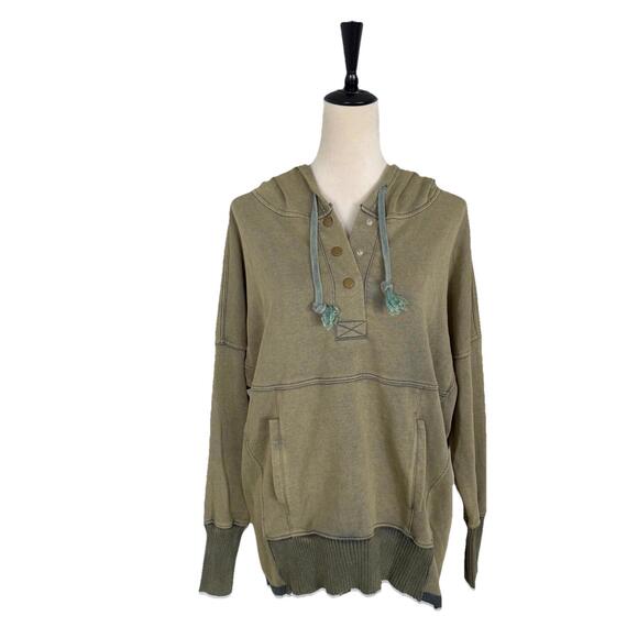 Oli & Hali Tops - Oli & Hali Women's Washed Knit Henley Pullover Hoodie Olive Green Small Boho